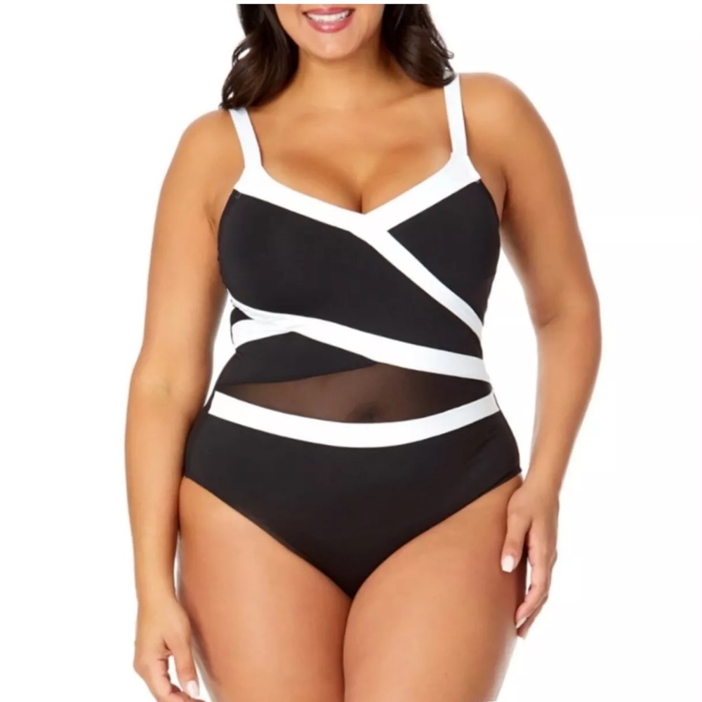 $122 Anne Cole Black White One Piece Swimsuit Plus Size 22W New